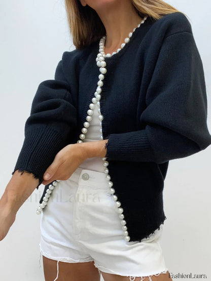 Cardigan en maille à bords déchirés avec bordure de perles