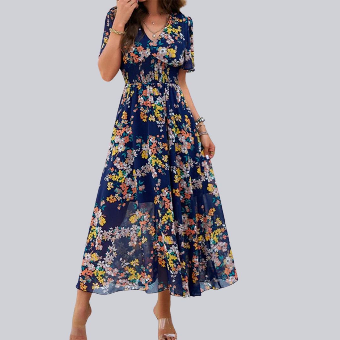 Pauline Laurent® | Robe midi à col V floral et manches courtes