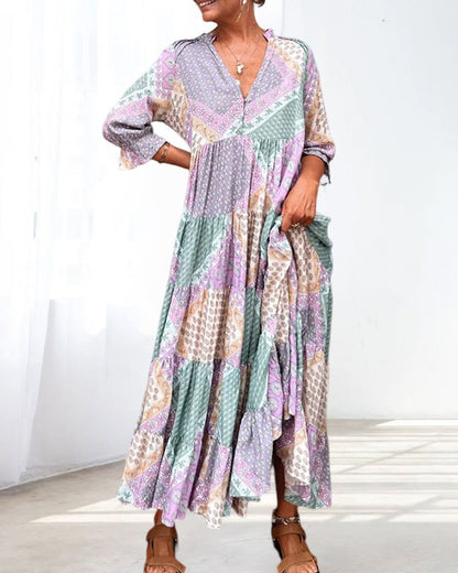 Quinna™ - Robe maxi colorée à imprimé color block et manches 3/4