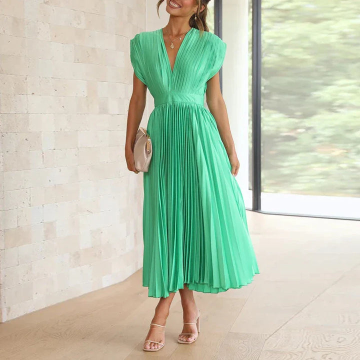 Robe midi plissée avec encolure en V et manches courtes élégantes