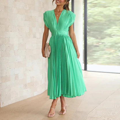 Robe midi plissée avec encolure en V et manches courtes élégantes