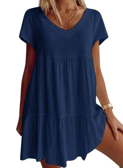 Robe tissée décontractée à encolure en V manches courtes