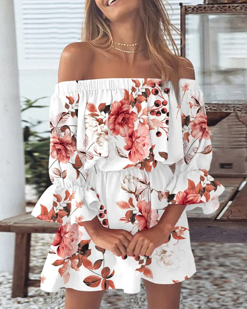 Pauline Laurent® | Robe à épaules découvertes avec imprimé feuilles de bohème