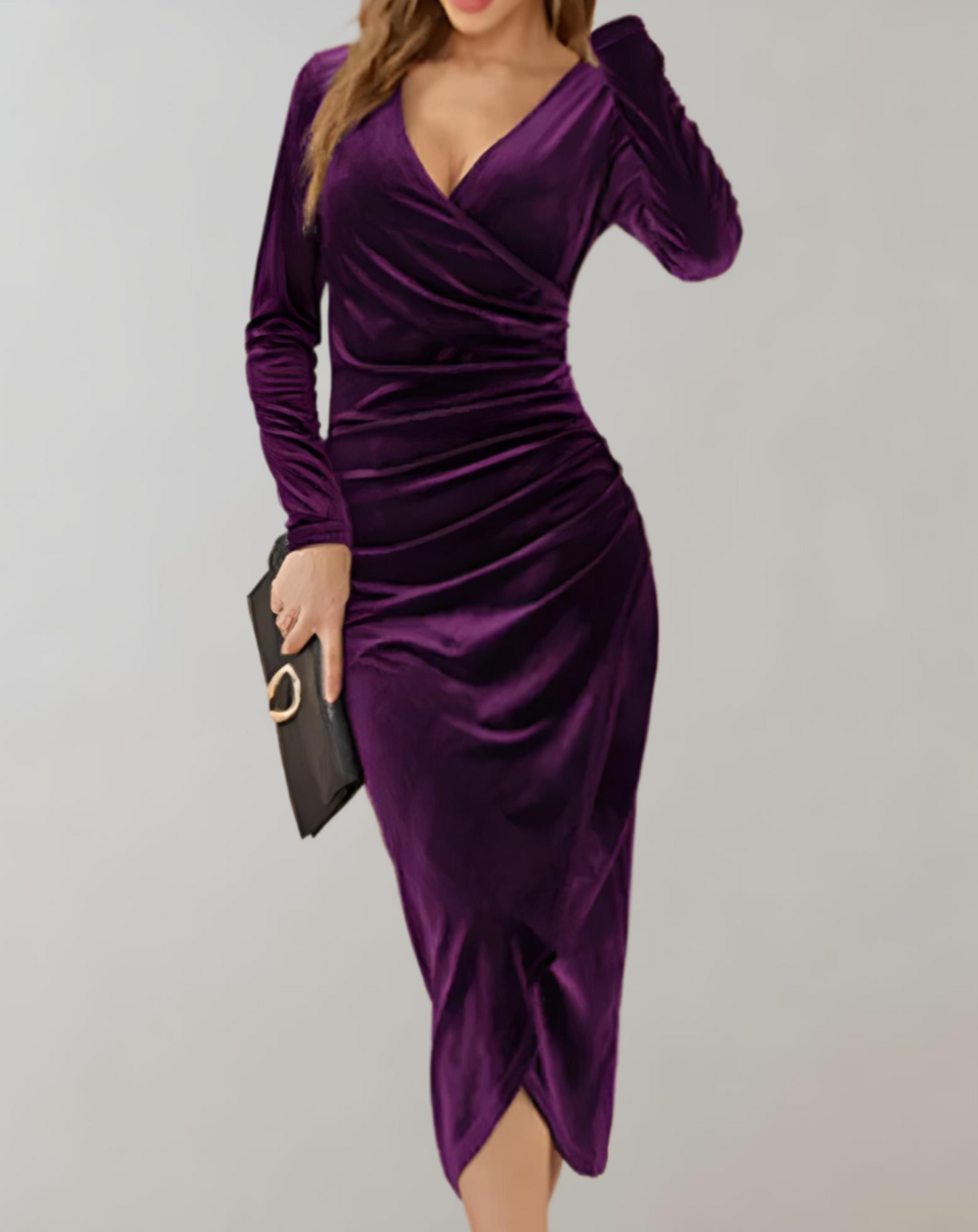 Robe Moulante en Velours à Manches Longues et Col V pour Femme