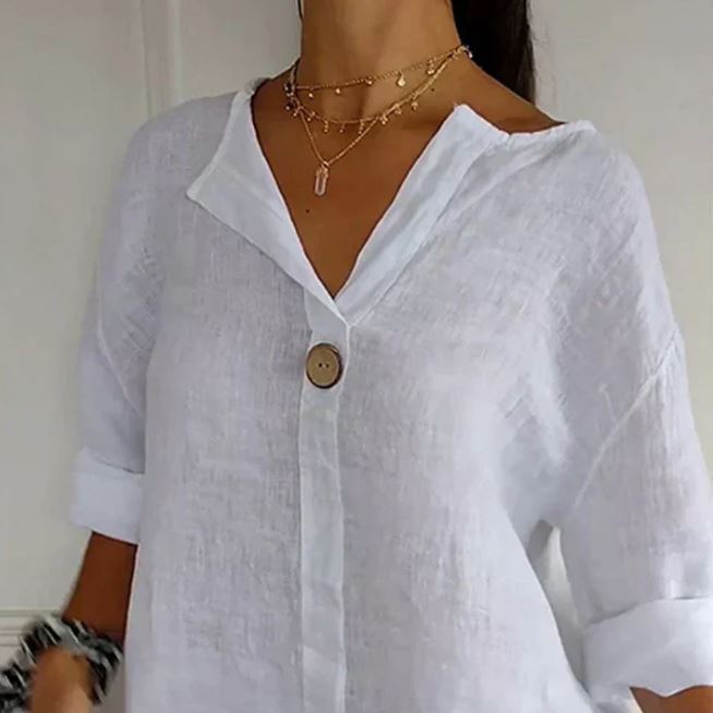 T-shirt confortable pour femme en lin et coton avec encolure en V