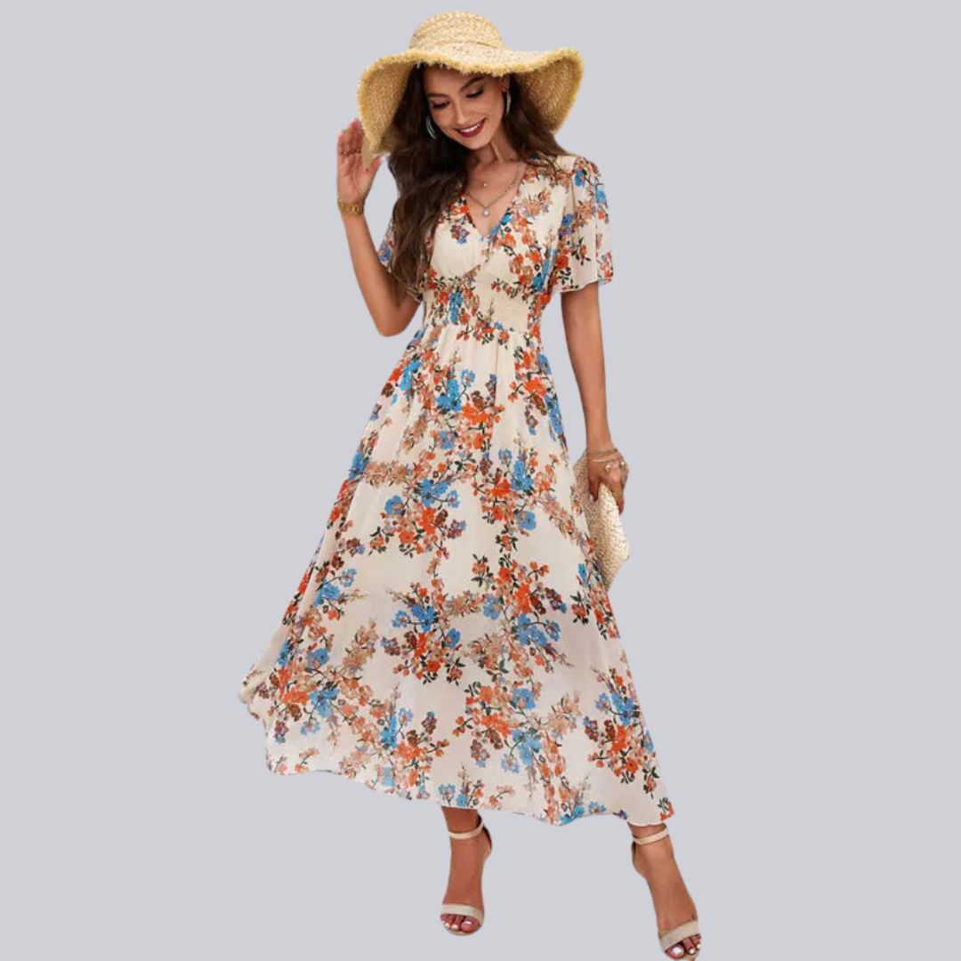 Pauline Laurent® | Robe midi à col V floral et manches courtes