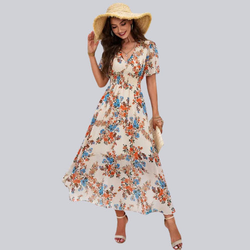 Pauline Laurent® | Robe midi à col V floral et manches courtes