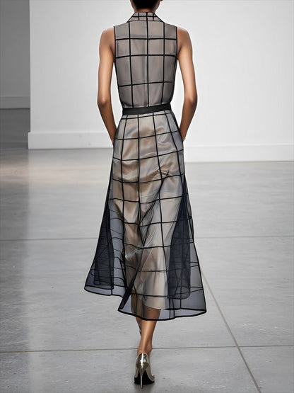Robe longue à carreaux en tulle ceinturée