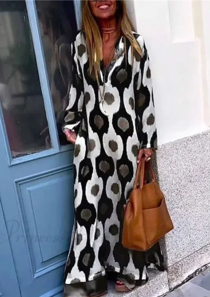 Robe Boho à Encolure en V avec Imprimé Géométrique et Fente d'Automne