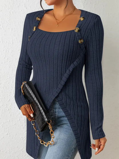 Top Asymétrique En Coton Avec Boutons et Côtes