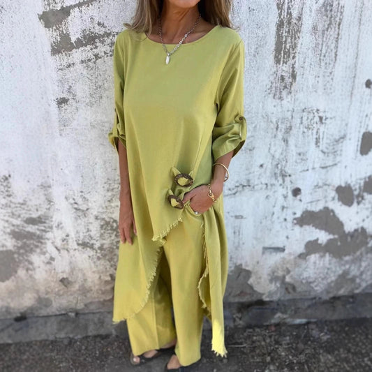 Ensemble Deux Pièces Pantalon à Manches Longues avec Boutons et Pampilles Chic