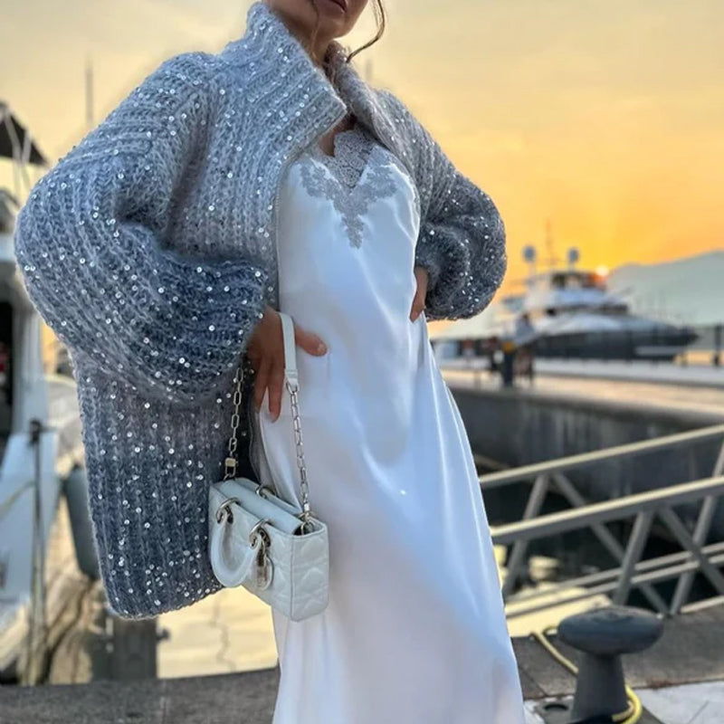 Cardigan en tricot scintillant avec sequins pailletés