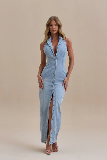 Robe longue en jean pour femme avec boutons sur le devant