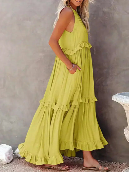 Pauline Laurent® | Robe longue volantée à col licou