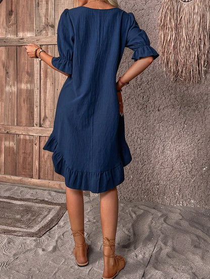 Robe Chic à Col Rond Avec Ourlets Volants Pour Femme