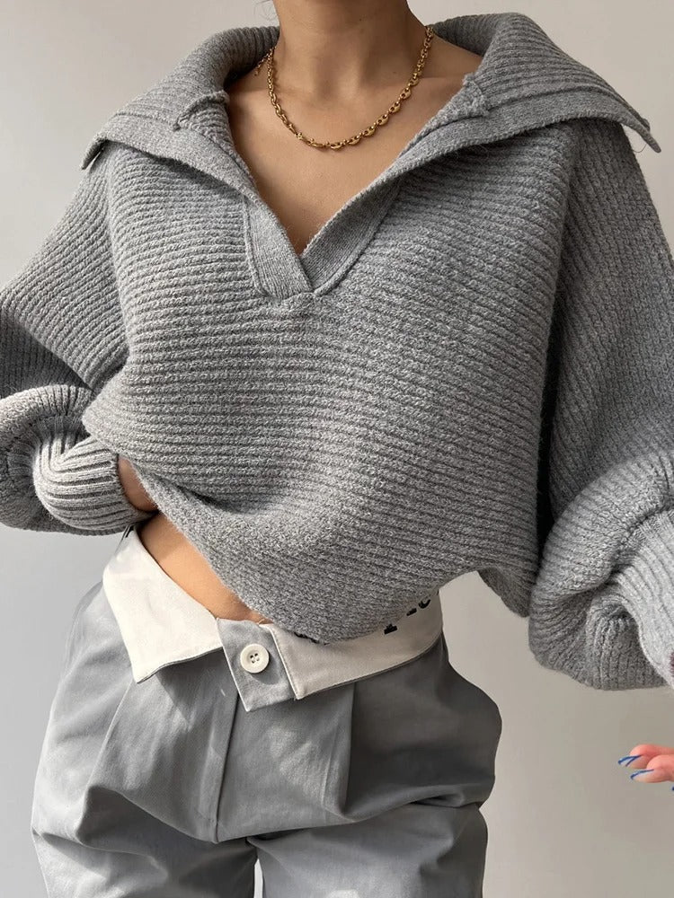 Pull en maille à manches lanterne confortables et col ouvert