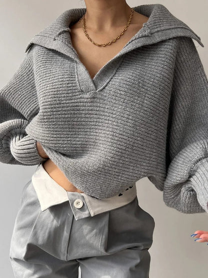 Pull en maille à manches lanterne confortables et col ouvert