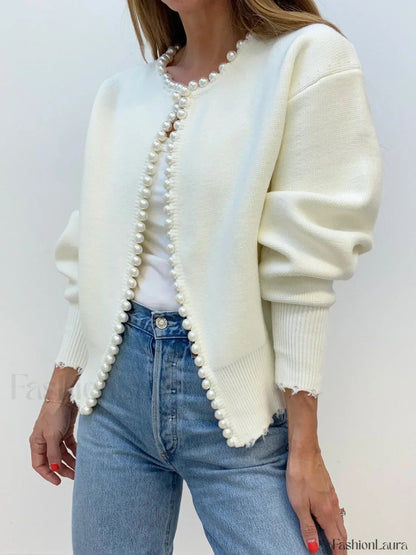 Cardigan en maille à bords déchirés avec bordure de perles
