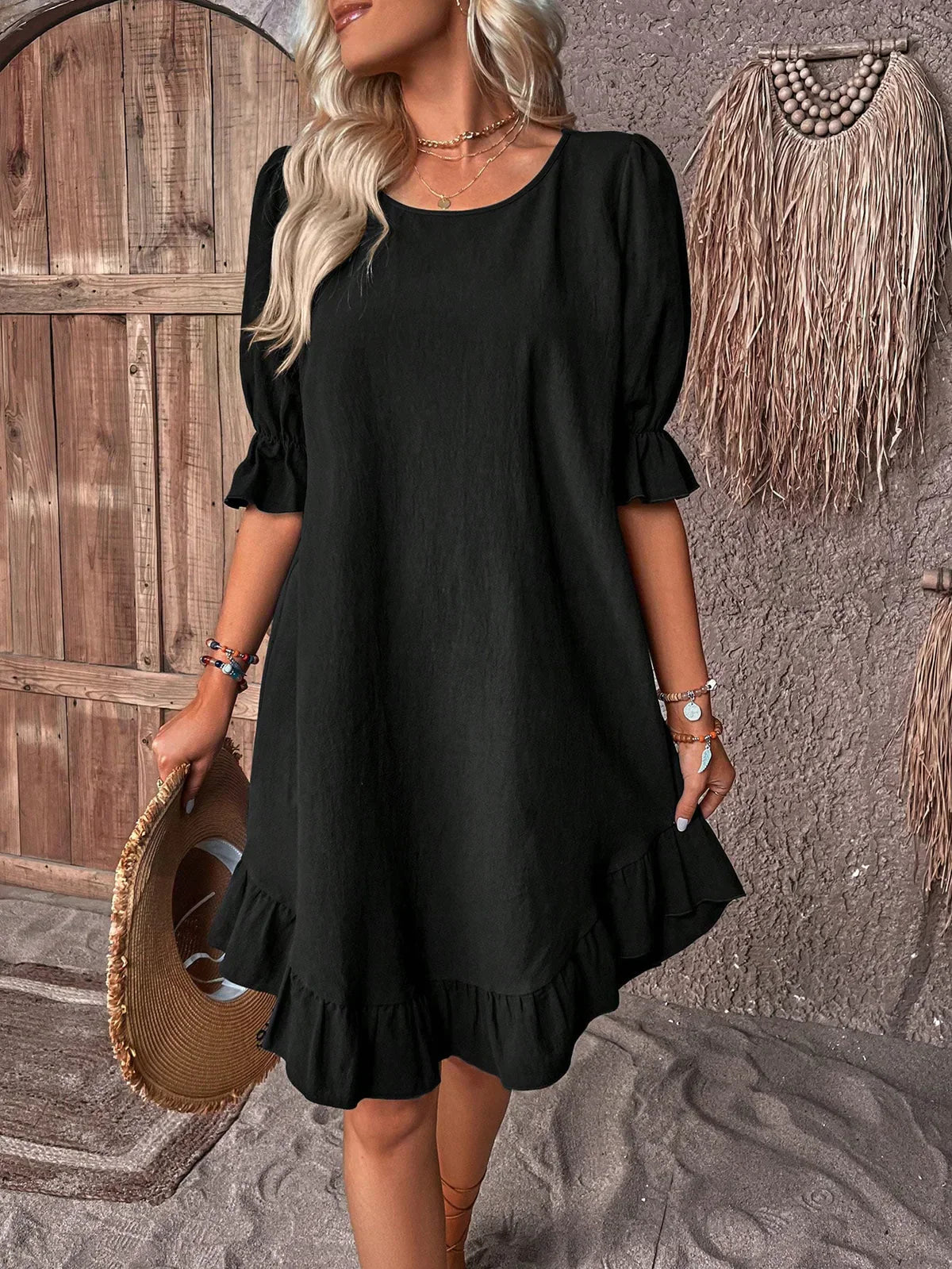 Robe Chic à Col Rond Avec Ourlets Volants Pour Femme
