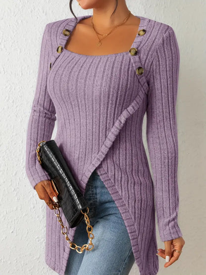 Top Asymétrique En Coton Avec Boutons et Côtes