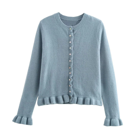 Cardigan à boutons pour femmes avec volants, haut superposé chic