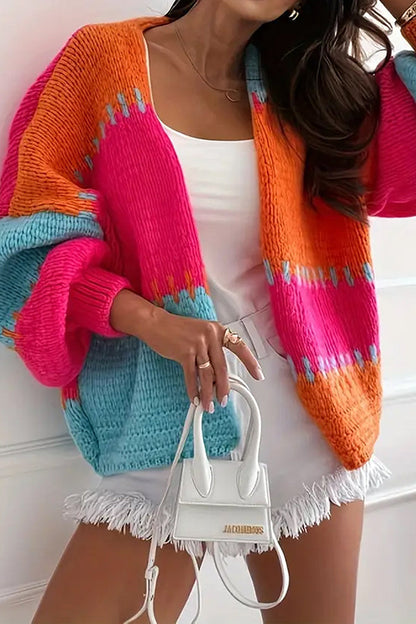 Cardigan Tricoté Décontracté Confortable avec Détail de Couture Contrastante