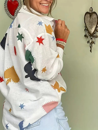 Blouse ample imprimée en mélange de lin à boutons-poussoirs