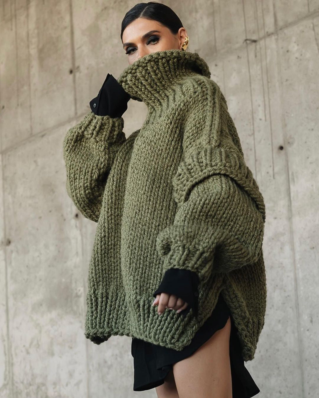 Pull Col Roulé Oversize en Maille Épaisse pour Femme