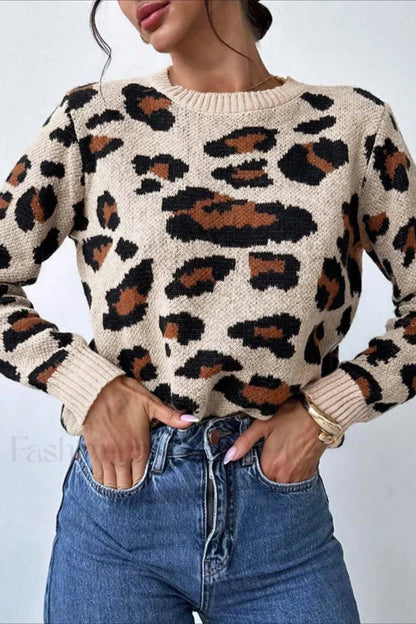 Pull à col rond chic à imprimé léopard bicolore