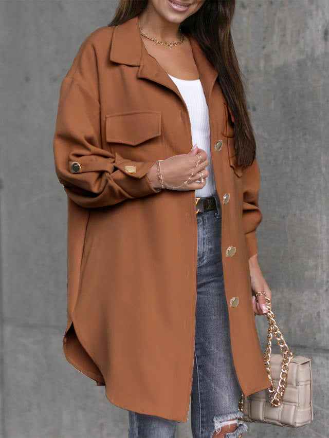 Veste-chemise longue confortable à boutons avec col et revers en laine