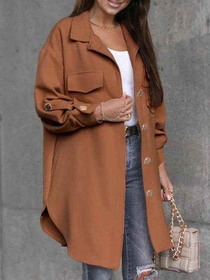 Veste-chemise longue confortable à boutons avec col et revers en laine
