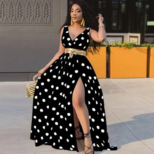 Robe à décolleté plongeant et dos nu avec pois dorés
