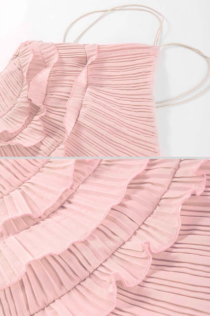 Robe midi plissée avec col licou et volants en cascade en rose
