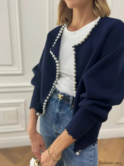 Cardigan en maille à bords déchirés avec bordure de perles