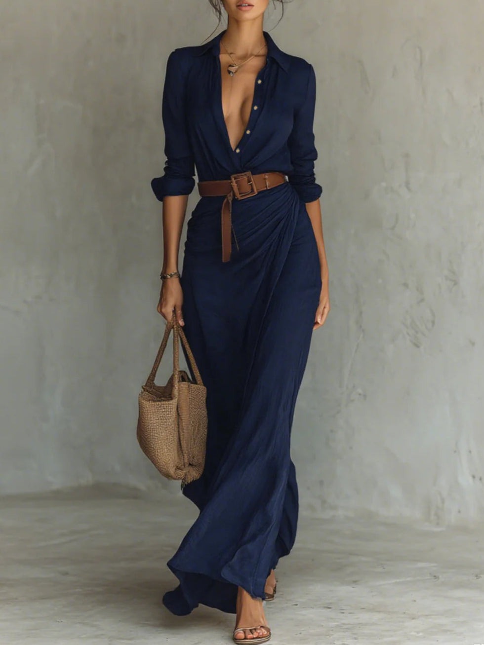 Robe longue élégante à manches longues ajustée avec col à revers