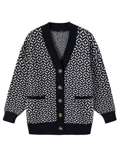 Cardigan Boutonné en Maille Géométrique Confortable