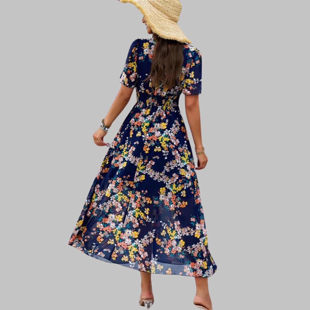 Pauline Laurent® | Robe midi à col V floral et manches courtes