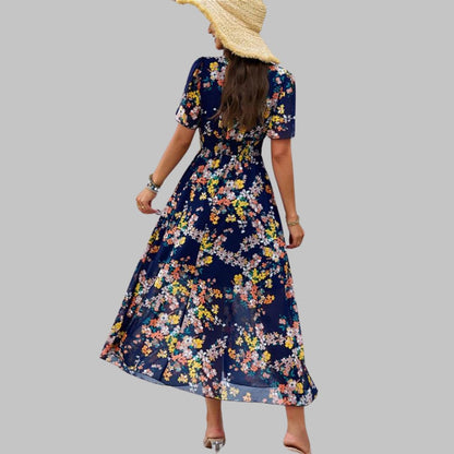 Pauline Laurent® | Robe midi à col V floral et manches courtes