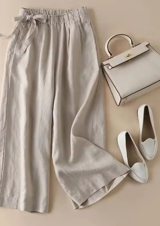 Pantalon coupe droite avec nœud kaki et taille haute élastique