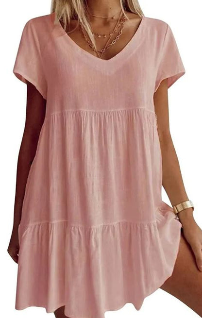 Robe tissée décontractée à encolure en V manches courtes