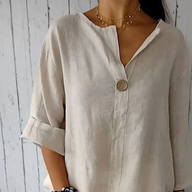 T-shirt confortable pour femme en lin et coton avec encolure en V