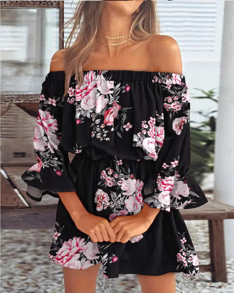 Pauline Laurent® | Robe à épaules découvertes avec imprimé feuilles de bohème