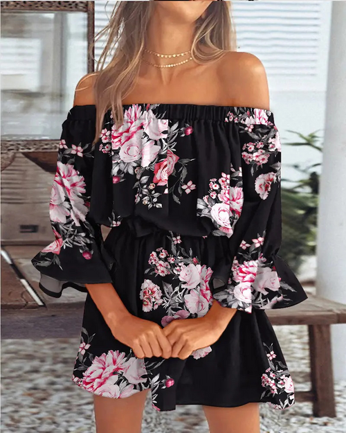 Pauline Laurent® | Robe à épaules découvertes avec imprimé feuilles de bohème