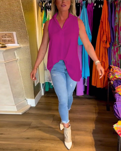 Tahliana™ - Top Sans Manches avec Volants Subtils et Revers Élégants