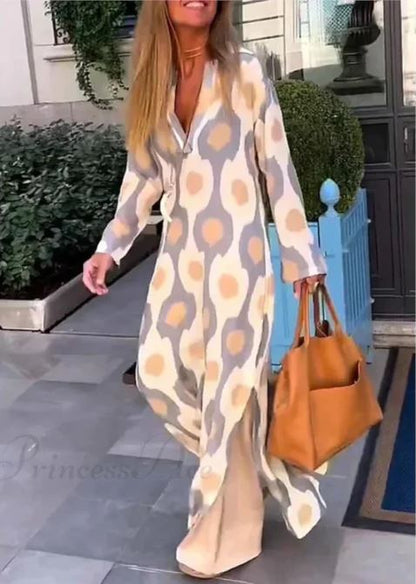 Robe Boho à Encolure en V avec Imprimé Géométrique et Fente d'Automne