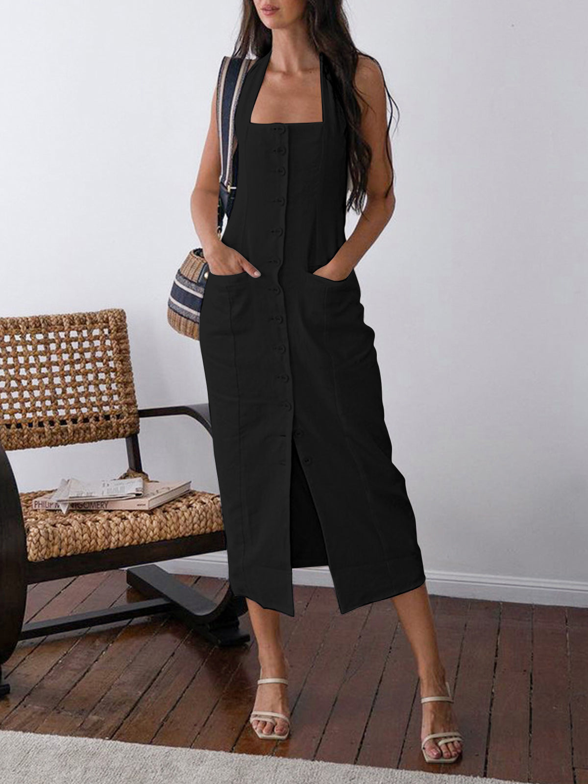 Robe midi en coton avec fermeture dans le cou et dos nu