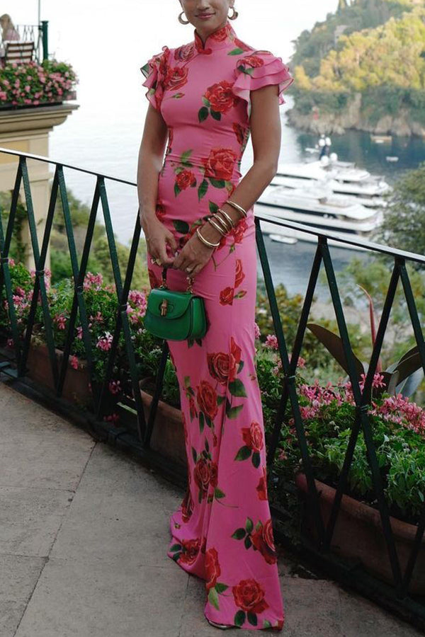 Robe longue cheongsam fleurie avec manches évasées à volants en étages