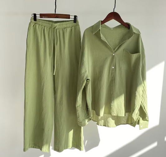 Ensemble décontracté de blouse en lin et de pantalon à jambes larges