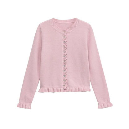Cardigan à boutons pour femmes avec volants, haut superposé chic