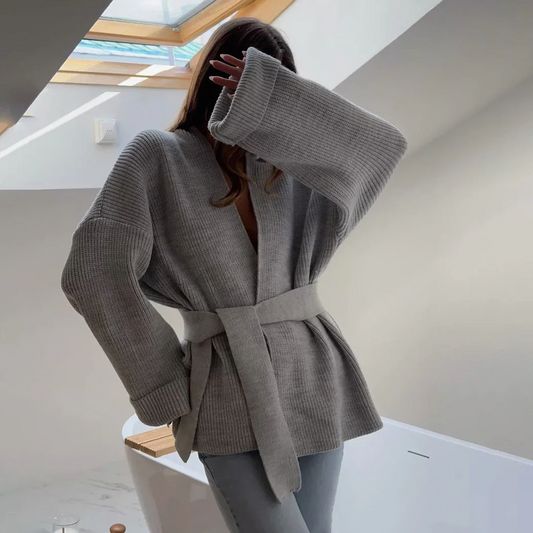Cardigan enveloppant en maille côtelée confortable avec ceinture à nouer